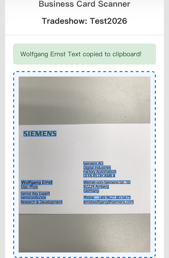 Business Card Scanning Screenshot